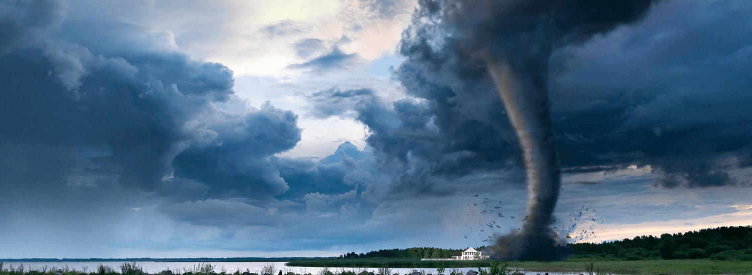 Cyclone forming over a landscape with a home in the way.